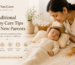 Mother caring for sleeping baby with NaniCares mustard seed pillow and soft cotton bedding.