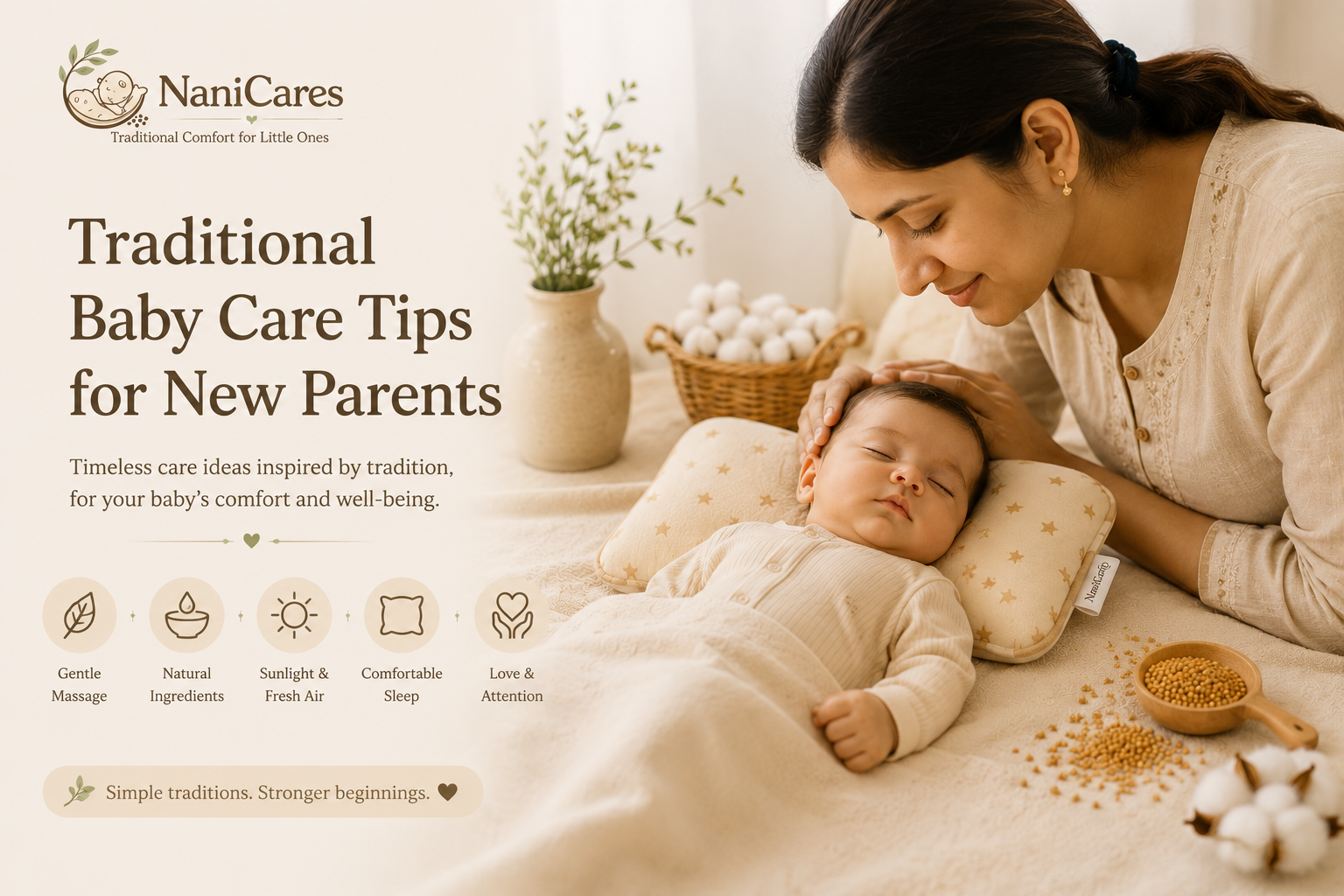 Mother caring for sleeping baby with NaniCares mustard seed pillow and soft cotton bedding.